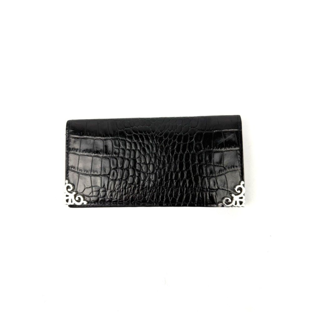 Brighton Slim Wallet Black Croc Embossed Silver Corners Check Book Brand New